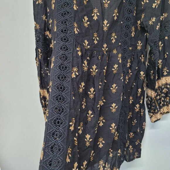 Honey Punch Black Brown Tan Floral Long Sleeve Mini Dress Size Medium Boho - Picture 6 of 11